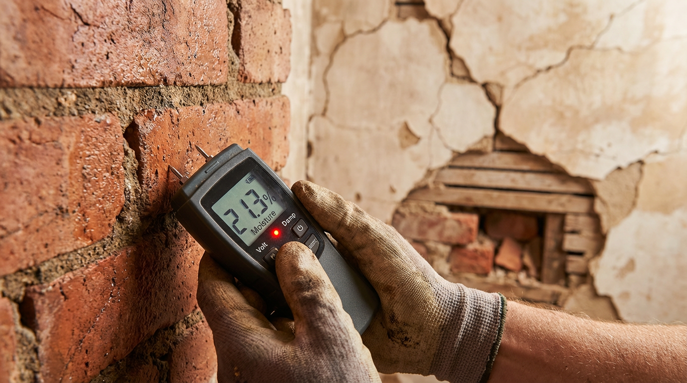 Surveyor examining structural defect and damp in an older period property during a Level 3 building survey in Oxford